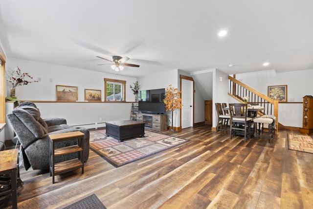 2 Ball Park Rd, Lewiston, ME 04240 - living area featuring stairway, ceiling fan, wood finished floors, a baseboard radiator, and recessed lighting
