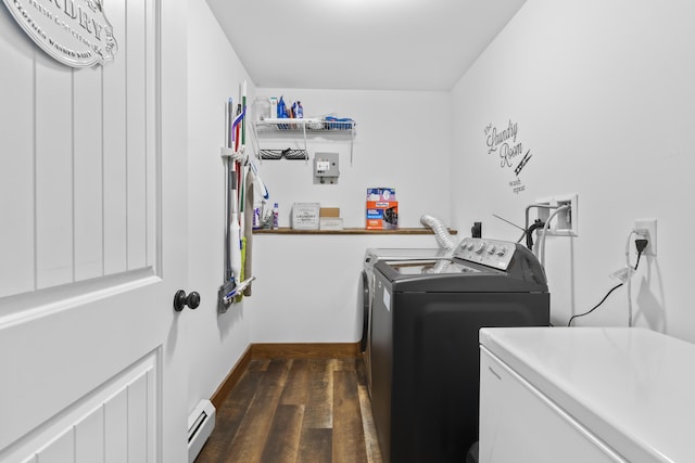 2 Ball Park Rd, Lewiston, ME 04240 - laundry room featuring washer and clothes dryer, dark wood finished floors, a baseboard radiator, and baseboards
