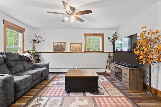 2 Ball Park Rd, Lewiston, ME 04240 - living area featuring wood finished floors, a ceiling fan, and baseboard heating