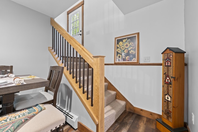 2 Ball Park Rd, Lewiston, ME 04240 - stairway featuring a baseboard radiator, wood finished floors, and baseboards