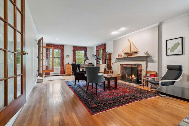 3 Payneton Hill Rd, York, ME 03909 - dining space featuring ornamental molding, a brick fireplace, wood finished floors, and recessed lighting