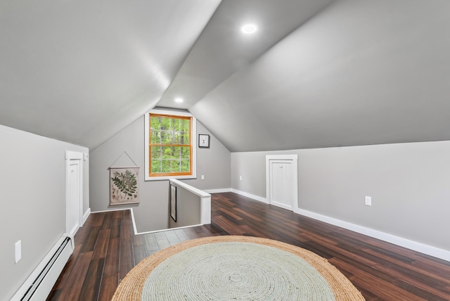 3 Payneton Hill Rd, York, ME 03909 - additional living space featuring a baseboard radiator, dark wood-style floors, vaulted ceiling, and baseboards