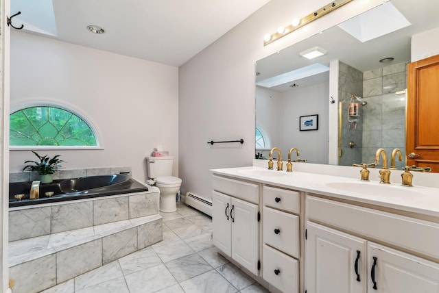 3 Payneton Hill Rd, York, ME 03909 - full bath with a baseboard radiator, marble look tiles, a garden tub, double vanity, and tiled shower