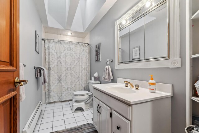 3 Payneton Hill Rd, York, ME 03909 - bathroom featuring baseboard heating, vanity, tile patterned flooring, toilet, and curtained shower