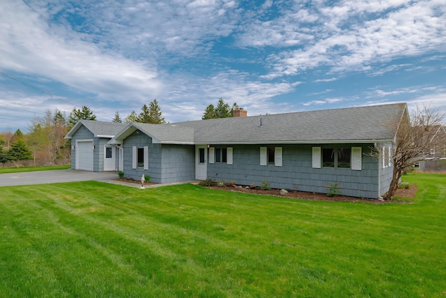 4 Seawall Point Ln, Southwest Harbor, ME 04679 - ranch-style home with driveway, a front lawn, a chimney, roof with shingles, and a garage