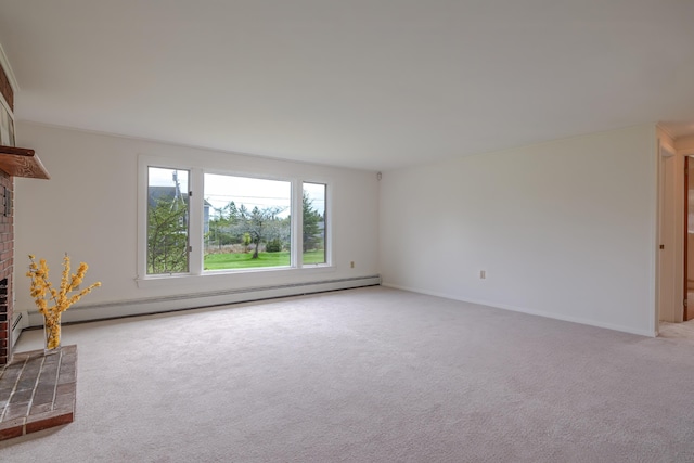 4 Seawall Point Ln, Southwest Harbor, ME 04679 - unfurnished living room featuring a fireplace, baseboard heating, light carpet, and baseboards
