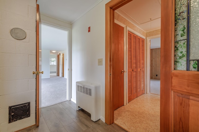 4 Seawall Point Ln, Southwest Harbor, ME 04679 - corridor featuring radiator, attic access, crown molding, and wood finished floors