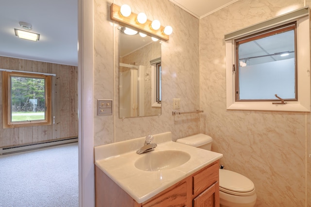 4 Seawall Point Ln, Southwest Harbor, ME 04679 - full bath featuring a baseboard radiator, toilet, vanity, and a shower