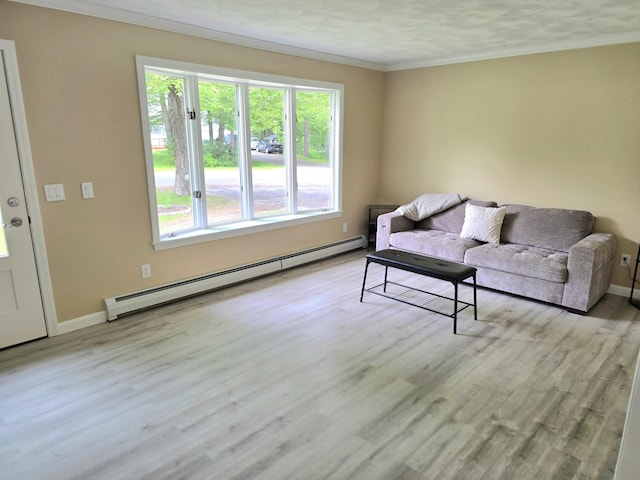 60 Rolling Rdg, Jay, ME 04239 - living area with baseboard heating, wood finished floors, baseboards, and crown molding