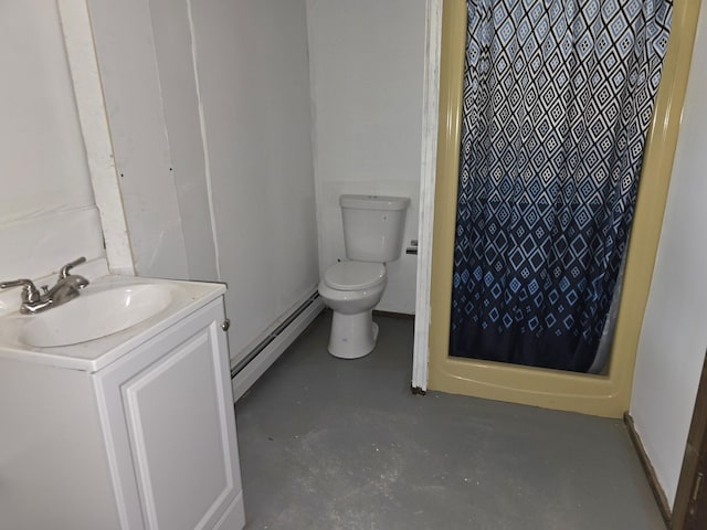 60 Rolling Rdg, Jay, ME 04239 - full bath with a baseboard heating unit, finished concrete flooring, toilet, vanity, and a shower with shower curtain