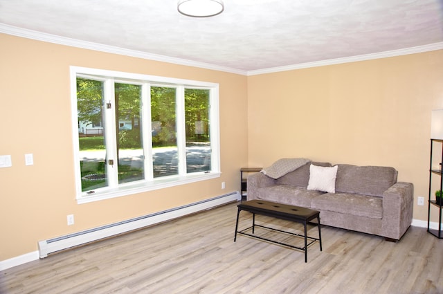 60 Rolling Rdg, Jay, ME 04239 - living area featuring baseboard heating, wood finished floors, and ornamental molding
