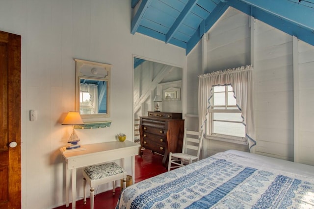 16 Tilton Ln, Southport, ME 04576 - bedroom featuring wood finished floors, beam ceiling, and high vaulted ceiling