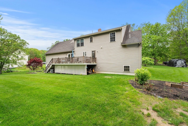 27 Wilmer Chase Rd, North Berwick, ME 03906 - back of house featuring a wooden deck, a lawn, a chimney, a shingled roof, and stairs