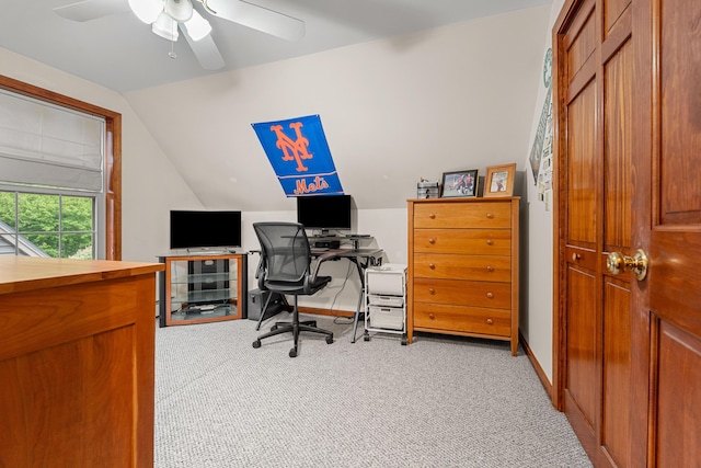 27 Wilmer Chase Rd, North Berwick, ME 03906 - office area featuring light carpet, vaulted ceiling, a ceiling fan, and baseboards