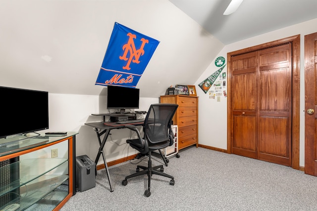 27 Wilmer Chase Rd, North Berwick, ME 03906 - office area featuring light colored carpet, lofted ceiling, and baseboards