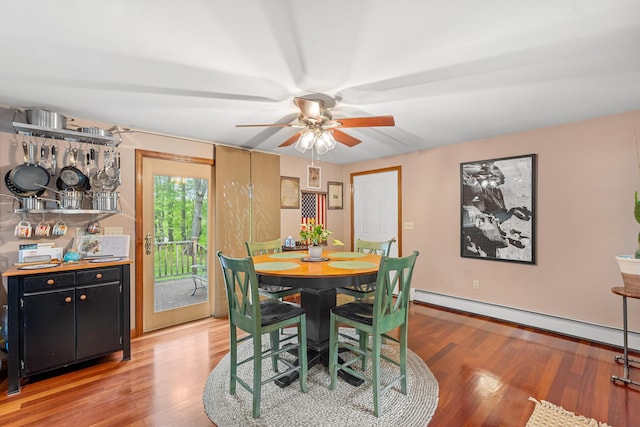 27 Wilmer Chase Rd, North Berwick, ME 03906 - dining area featuring light wood-style flooring, a baseboard radiator, a ceiling fan, a dry bar, and baseboards