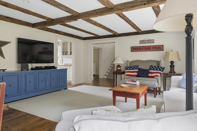 52 Lester B Orcutt Blvd, Biddeford, ME 04006 - living area featuring beam ceiling, wood finished floors, and stairs