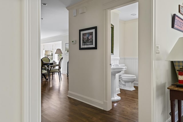 52 Lester B Orcutt Blvd, Biddeford, ME 04006 - corridor with dark wood-style floors, wainscoting, baseboards, and crown molding