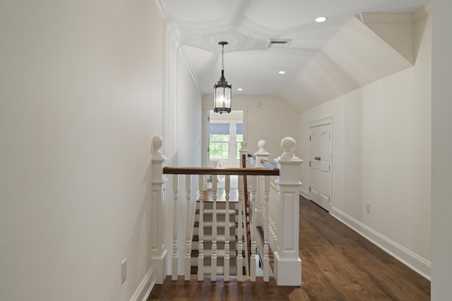 52 Lester B Orcutt Blvd, Biddeford, ME 04006 - hall with an upstairs landing, dark wood-style flooring, baseboards, recessed lighting, and vaulted ceiling