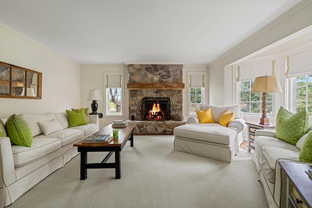 52 Lester B Orcutt Blvd, Biddeford, ME 04006 - carpeted living area with ornamental molding and a stone fireplace