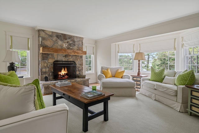 52 Lester B Orcutt Blvd, Biddeford, ME 04006 - living area featuring healthy amount of natural light, crown molding, and a fireplace
