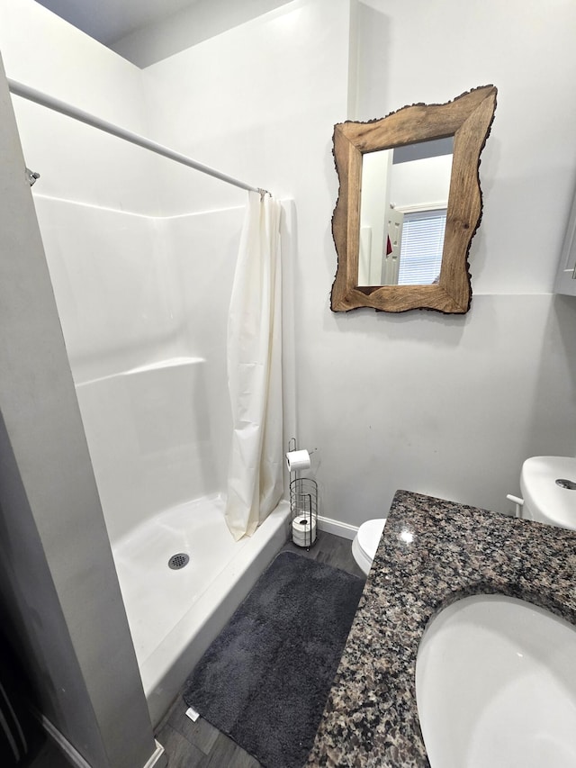 5 N Vigue Shore Rd, Albion, ME 04910 - bathroom featuring toilet, wood finished floors, a stall shower, and a sink