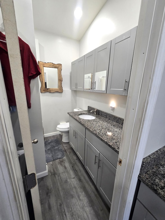 5 N Vigue Shore Rd, Albion, ME 04910 - bathroom with vanity, toilet, wood finished floors, and baseboards