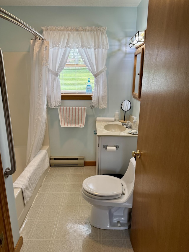 2 Cemetery Rd, Eastport, ME 04631 - full bathroom featuring baseboard heating, toilet, vanity, shower / tub combo with curtain, and baseboards