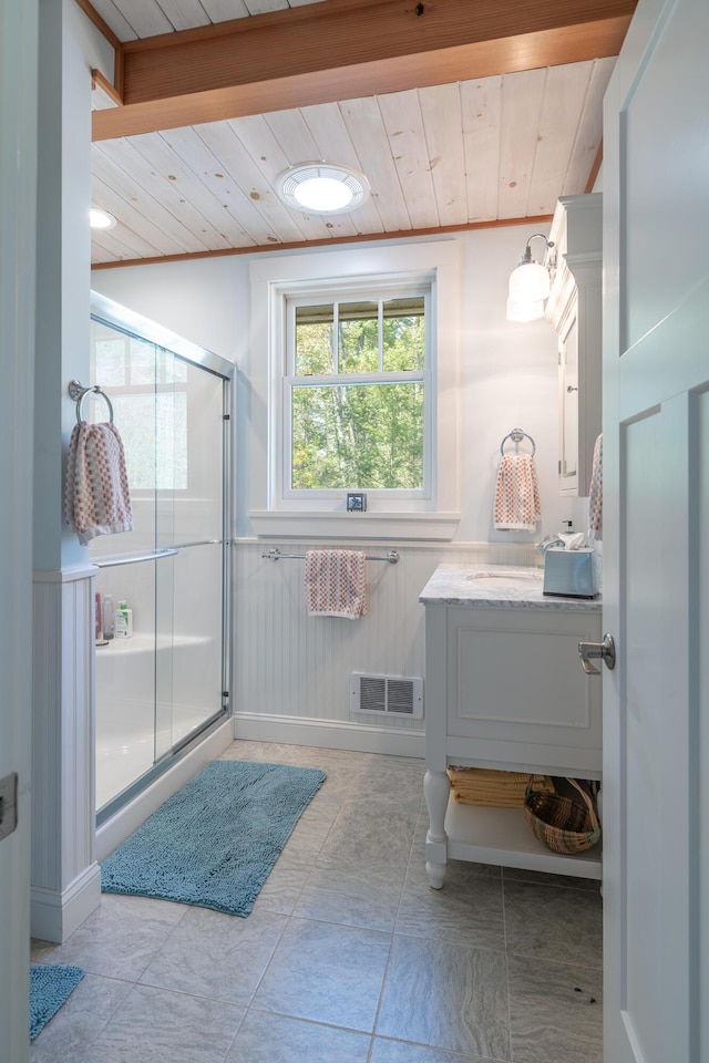 361 Cape Rd, Raymond, ME 04071 - full bathroom with wood ceiling, vanity, and a shower stall