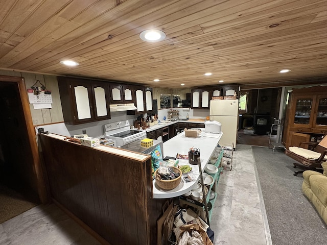 694 Calais Rd, Hodgdon, ME 04730 - kitchen featuring under cabinet range hood, white appliances, wooden ceiling, dark brown cabinetry, and light countertops