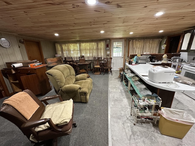 694 Calais Rd, Hodgdon, ME 04730 - living area with wood ceiling, wooden walls, and recessed lighting