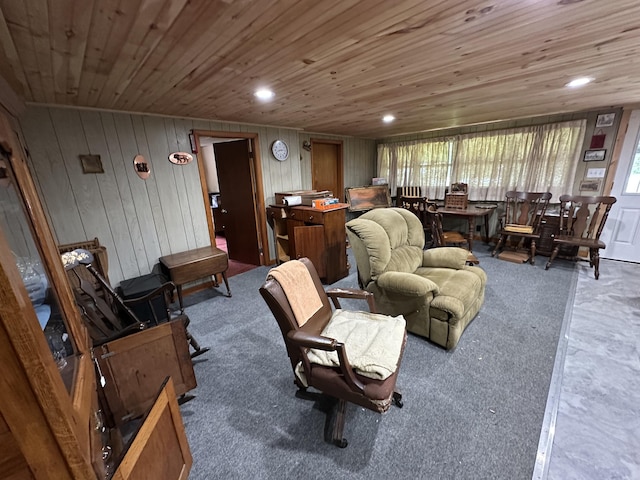 694 Calais Rd, Hodgdon, ME 04730 - carpeted living area featuring wooden ceiling, wooden walls, and recessed lighting