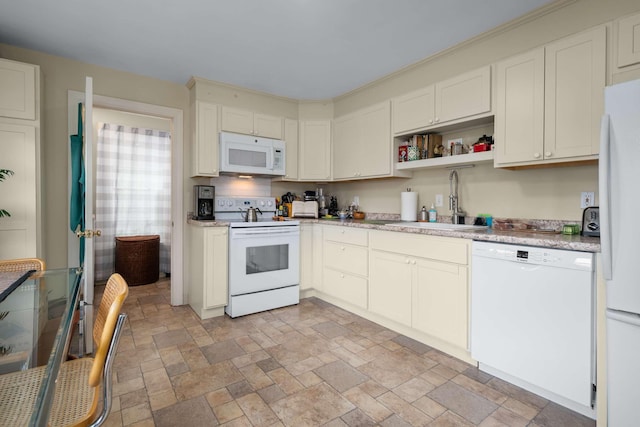 116 Whipple Rd, Kittery, ME 03904 - kitchen with white appliances, a sink, light countertops, stone tile floors, and open shelves