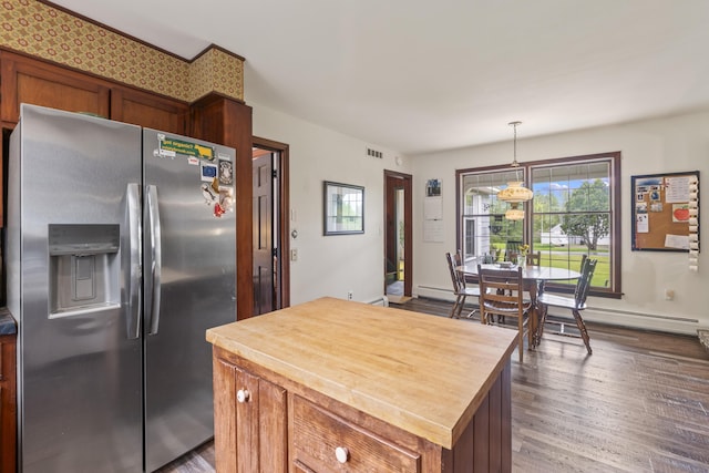 14 Lakeshore Dr, Belgrade, ME 04918 - kitchen with stainless steel fridge, dark wood-style flooring, a center island, and baseboards