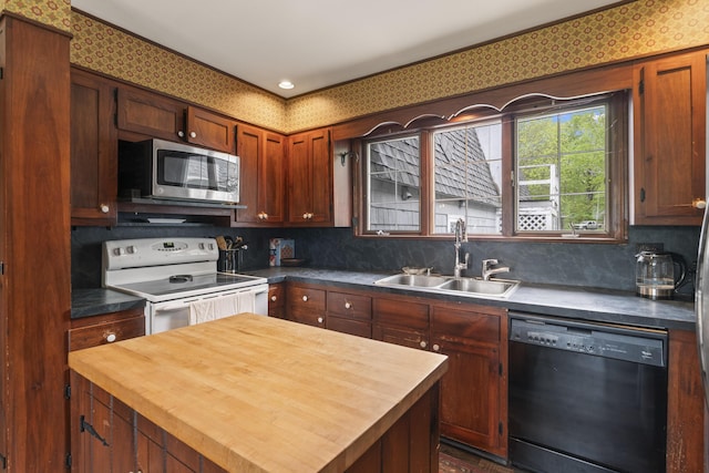 14 Lakeshore Dr, Belgrade, ME 04918 - kitchen with black dishwasher, stainless steel microwave, white range with electric cooktop, wood counters, and a sink