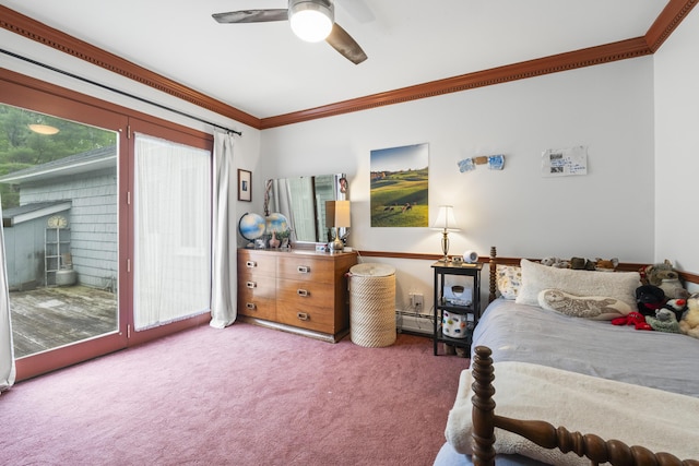 14 Lakeshore Dr, Belgrade, ME 04918 - bedroom with ornamental molding, access to exterior, carpet, a baseboard radiator, and a ceiling fan