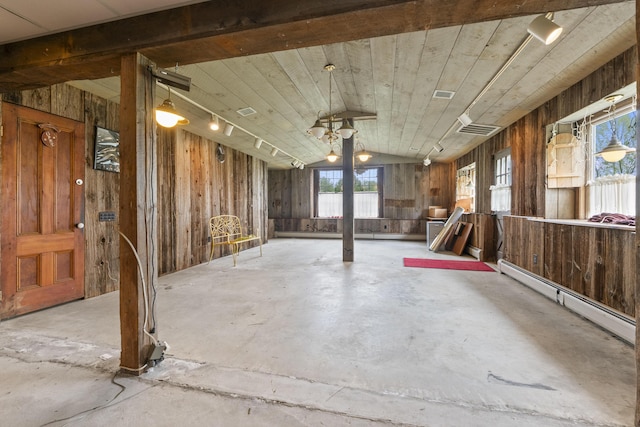 14 Lakeshore Dr, Belgrade, ME 04918 - misc room with baseboard heating, concrete flooring, wood walls, and lofted ceiling