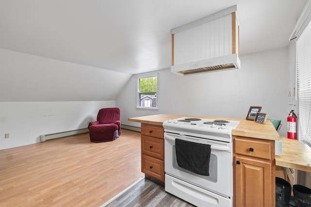 14 Lakeshore Dr, Belgrade, ME 04918 - kitchen featuring white electric stove, wooden counters, a baseboard radiator, wood finished floors, and lofted ceiling