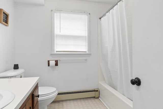 14 Lakeshore Dr, Belgrade, ME 04918 - full bath with baseboard heating, vanity, toilet, tile patterned floors, and shower / tub combo