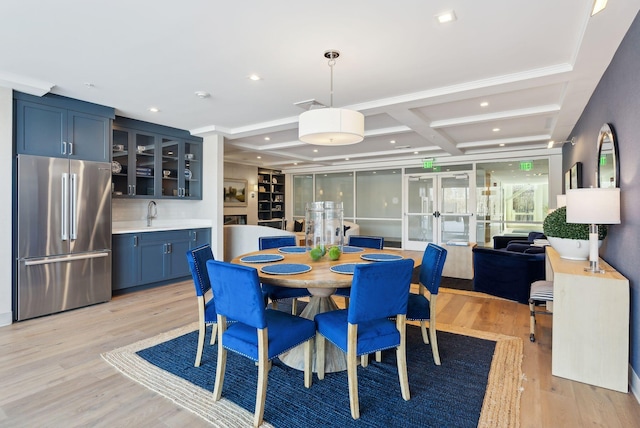 267 US Route 1 Unit 206, Falmouth, ME 04105 - dining room featuring coffered ceiling, light wood-style floors, recessed lighting, bar with sink, and beam ceiling