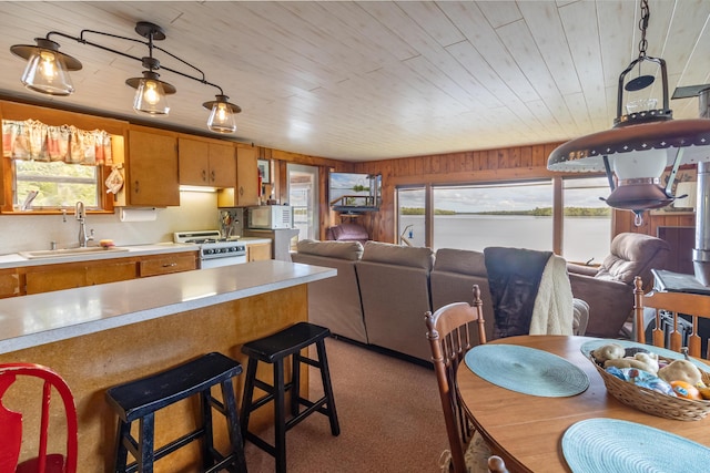 18 Breezy Knoll Dr, Princeton, ME 04668 - kitchen featuring white appliances, a sink, plenty of natural light, light countertops, and wooden ceiling