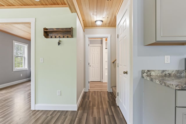 301 Pine Springs Rd, Shapleigh, ME 04076 - corridor featuring wooden ceiling, dark wood-style floors, and baseboards