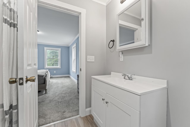 301 Pine Springs Rd, Shapleigh, ME 04076 - bathroom featuring crown molding, vanity, baseboards, and wood finished floors