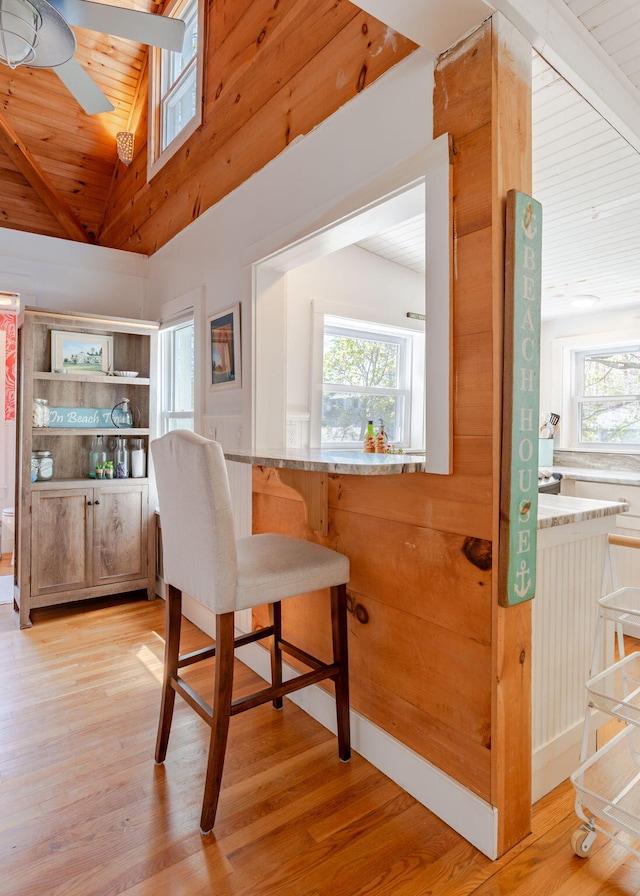 11 Saccarappa Ln, Scarborough, ME 04074 - bar featuring lofted ceiling, light wood-style floors, ceiling fan, and wooden ceiling