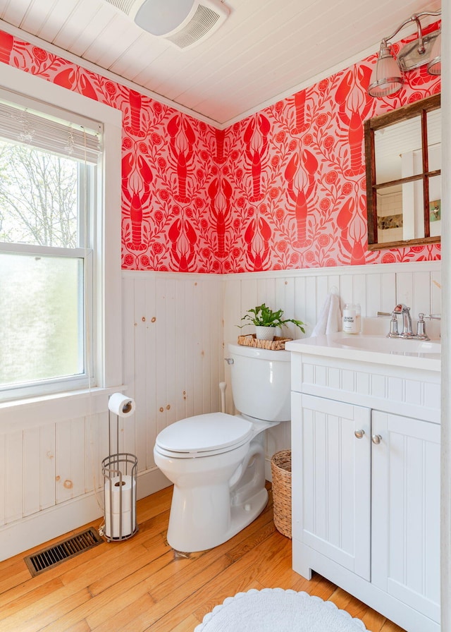 11 Saccarappa Ln, Scarborough, ME 04074 - bathroom featuring a wainscoted wall, wallpapered walls, vanity, plenty of natural light, and wood finished floors