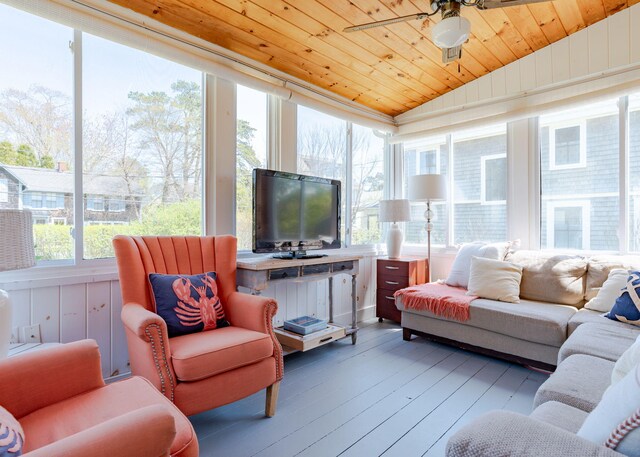 11 Saccarappa Ln, Scarborough, ME 04074 - sunroom / solarium featuring wood ceiling, wood-type flooring, vaulted ceiling, and a wooden deck