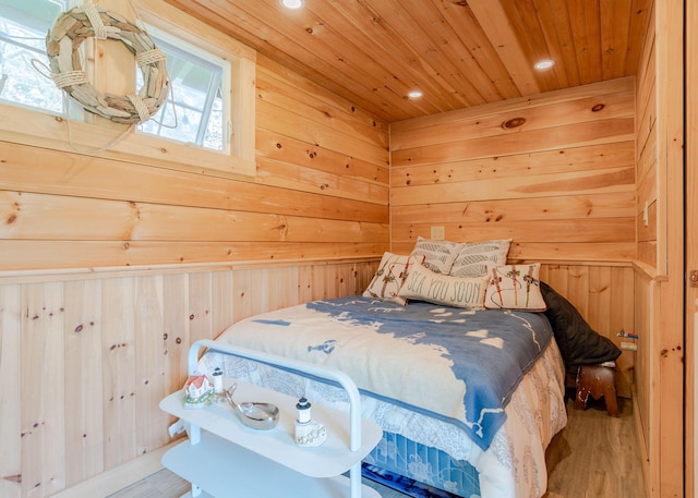 11 Saccarappa Ln, Scarborough, ME 04074 - bedroom with recessed lighting, wooden ceiling, wood finished floors, and wood walls