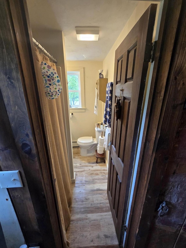 13 Bishop Farm Rd, Brownfield, ME 04010 - full bath with wood finished floors, toilet, baseboards, a shower with curtain, and baseboard heating