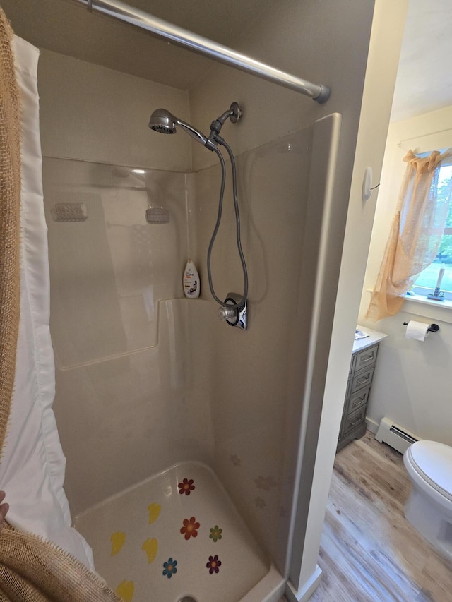 13 Bishop Farm Rd, Brownfield, ME 04010 - full bath featuring baseboard heating, a stall shower, wood finished floors, and toilet