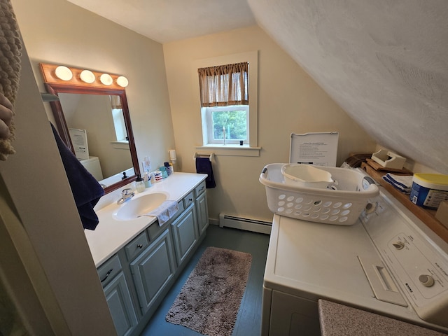 13 Bishop Farm Rd, Brownfield, ME 04010 - bathroom with a baseboard heating unit, vaulted ceiling, and vanity
